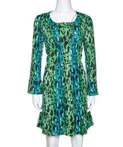 Diane Von Furstenberg Blue & Green Animal Print Silk Jersey Gaby Dress S For Women