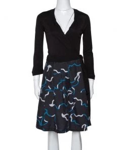 Diane Von Furstenberg Black Printed Wool & Silk Jewel Wrap Dress M For Women