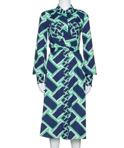Diane Von Furstenberg Navy Blue Printed Cotton Jeri Twist Front Dress S For Women