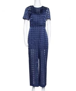 Diane Von Furstenberg Navy Blue Check Patterned Satin Jumpsuit M For Women