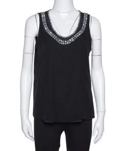 Diane Von Furstenberg Black Crystal Embellished Silk Ade Top S For Women