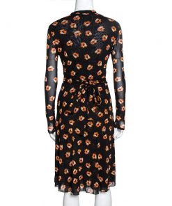 Diane Von Furstenberg Black & Orange Floral Print Wrap Dress S For Women -Diane Von Furstenberg shop luxury women diane von furstenberg used clothes p324914 003