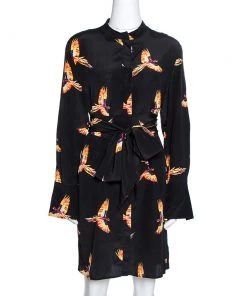 Diane Von Furstenberg Black Bird Print Silk Shirt Dress M For Women