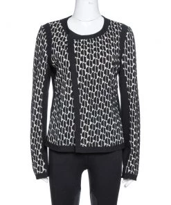 Diane Von Furstenberg Black & Cream Textured Knit Patricia Hounds Jacket L For Women