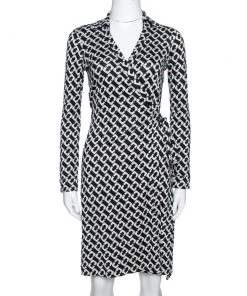 Diane Von Furstenberg Black Chain Link Silk New Jeanne Two Wrap Dress S For Women