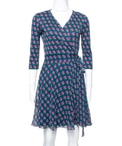 Diane Von Furstenberg Navy Blue Floral Print Silk Irina Wrap Dress S For Women