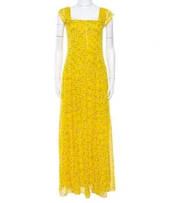 Diane Von Furstenberg Yellow Floral Print Silk Lillie Maxi Dress M For Women