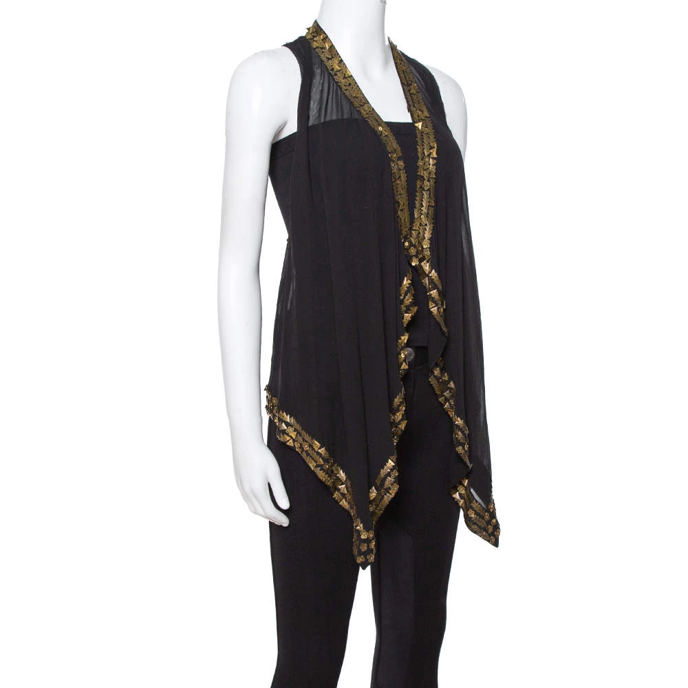 Diane Von Furstenberg Black Silk Gold Sequin Embellished Ellowyn Vest M For Women 2 Diane Von Furstenberg Black Silk Gold Sequin Embellished Ellowyn Vest M For Women - Image 2