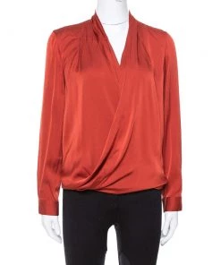 Diane Von Furstenberg Burnt Orange Silk Cross Over Front Issie Blouse S For Women