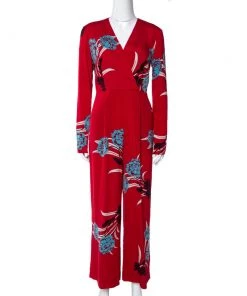 Diane Von Furstenberg Red Floral Print Crepe Farren Jumpsuit S For Women