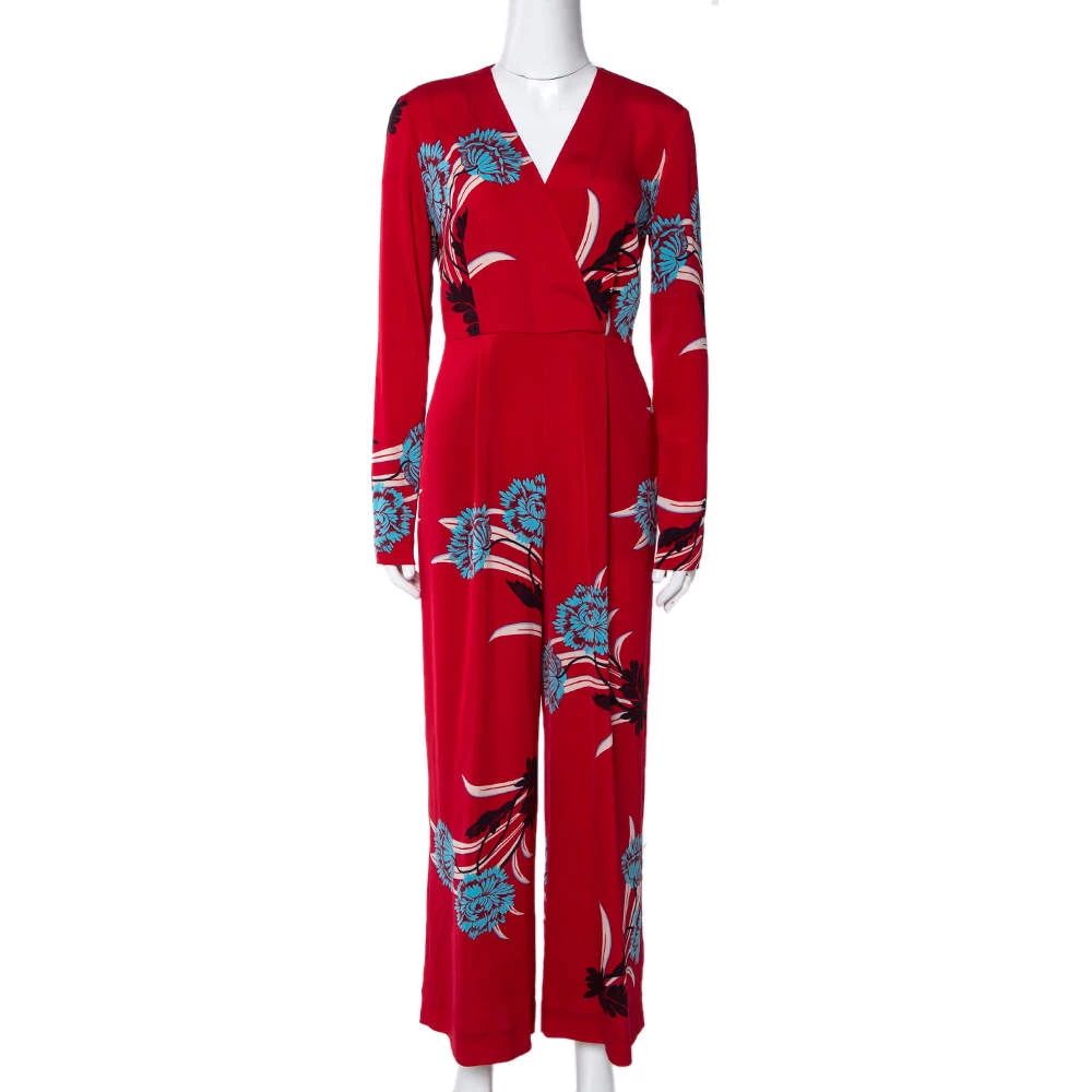 Diane Von Furstenberg Red Floral Print Crepe Farren Jumpsuit S For Women 1 Diane Von Furstenberg Red Floral Print Crepe Farren Jumpsuit S For Women