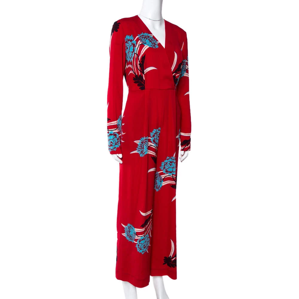 Diane Von Furstenberg Red Floral Print Crepe Farren Jumpsuit S For Women 2 Diane Von Furstenberg Red Floral Print Crepe Farren Jumpsuit S For Women - Image 2