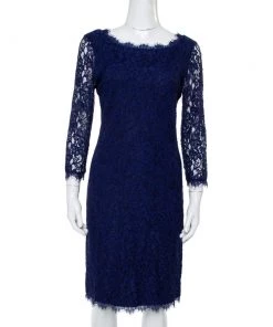 Diane Von Furstenberg Navy Blue Lace Zarita Long Sleeve Dress M For Women