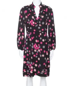 Diane Von Furstenberg Black Polka Dots Silk Half Sleeve Midi Dress M For Women
