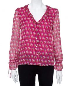 Diane Von Furstenberg Bright Pink Silk Floral Print Kirsty Blouse XS For Women