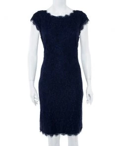 Diane Von Furstenberg Navy Blue Lace Detail Dress L For Women