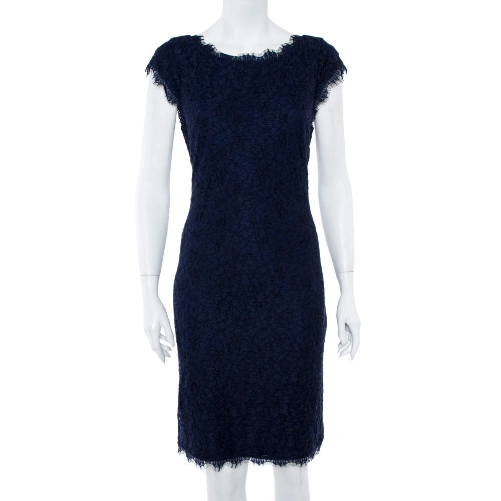 Diane Von Furstenberg Navy Blue Lace Detail Dress L For Women 1 Diane Von Furstenberg Navy Blue Lace Detail Dress L For Women