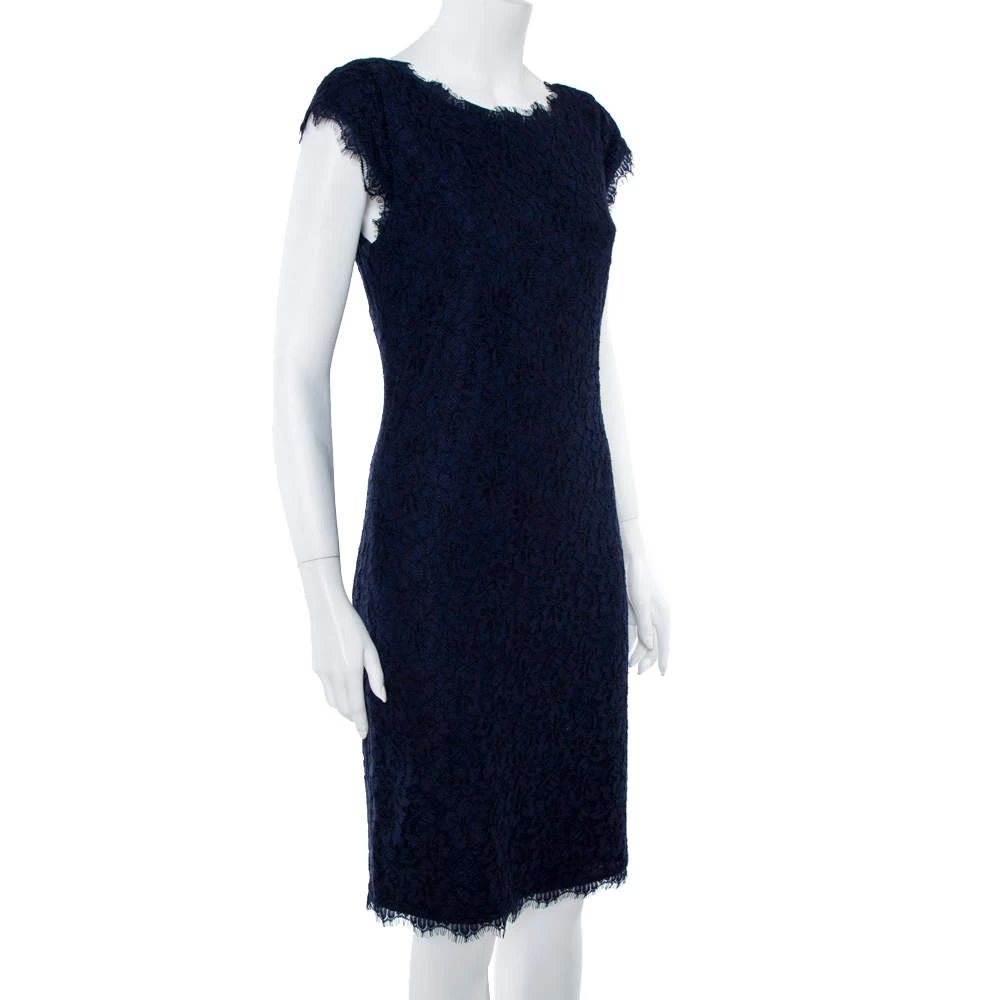 Diane Von Furstenberg Navy Blue Lace Detail Dress L For Women 2 Diane Von Furstenberg Navy Blue Lace Detail Dress L For Women - Image 2