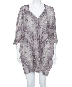 Diane Von Furstenberg Grey Snakeskin Printed Silk Draped Fleurette Dress XS For Women