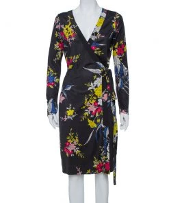 Diane Von Furstenberg Black Floral Printed Silk Camden Wrap Dress M For Women