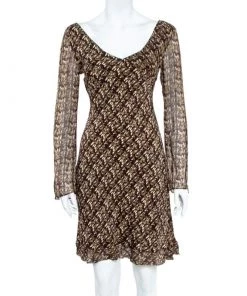 Diane Von Furstenberg Green & Brown Abstract Printed Chiffon Flared Midi Dress For Women