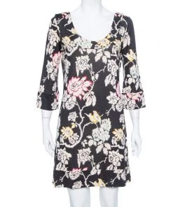 Diane Von Furstenberg Black Floral Printed Silk Knit Shift Dress L For Women