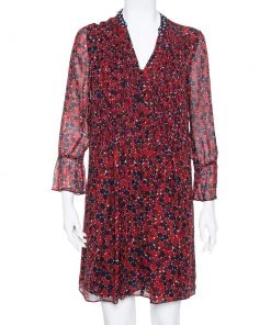 Diane Von Furstenberg Red & Navy Blue Silk Pintuck Detail Kourtini Shift Dress M For Women