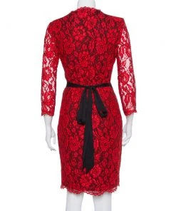 Diane Von Furstenberg Red Lace Scallop Detail Wrap Dress M For Women -Diane Von Furstenberg shop luxury women diane von furstenberg used clothes p390828 002