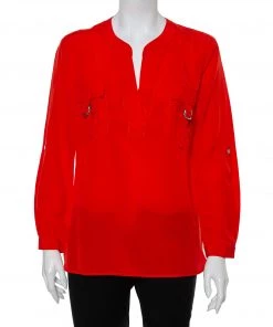 Diane Von Furstenberg Red Silk Pocket Detail Danielle Top S For Women