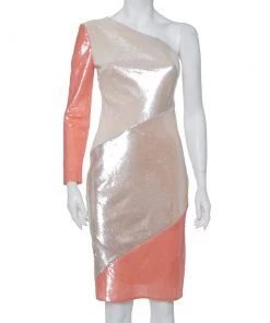 Diane Von Furstenberg Color Block Sequin Embellished Silk One Shoulder Midi Dress XS For Women