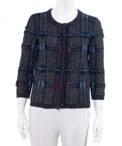Diane Von Furstenberg Navy Blue Lurex Knit Button Font Hurleigh Cardigan S For Women