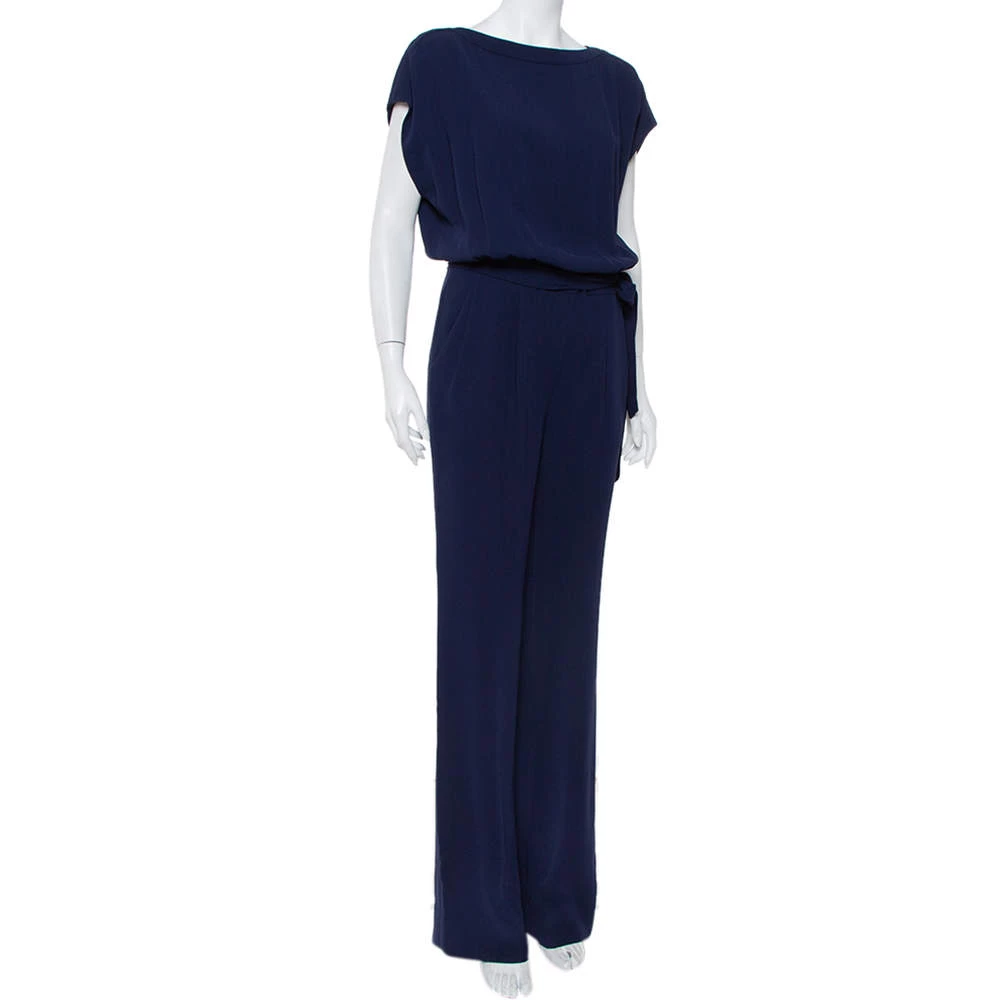 Diane Von Furstenberg Navy Blue Crepe Boat Neck Belted Sandra Jumpsuit M For Women 2 Diane Von Furstenberg Navy Blue Crepe Boat Neck Belted Sandra Jumpsuit M For Women - Image 2