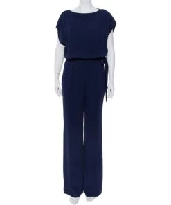 Diane Von Furstenberg Navy Blue Crepe Boat Neck Belted Sandra Jumpsuit M For Women