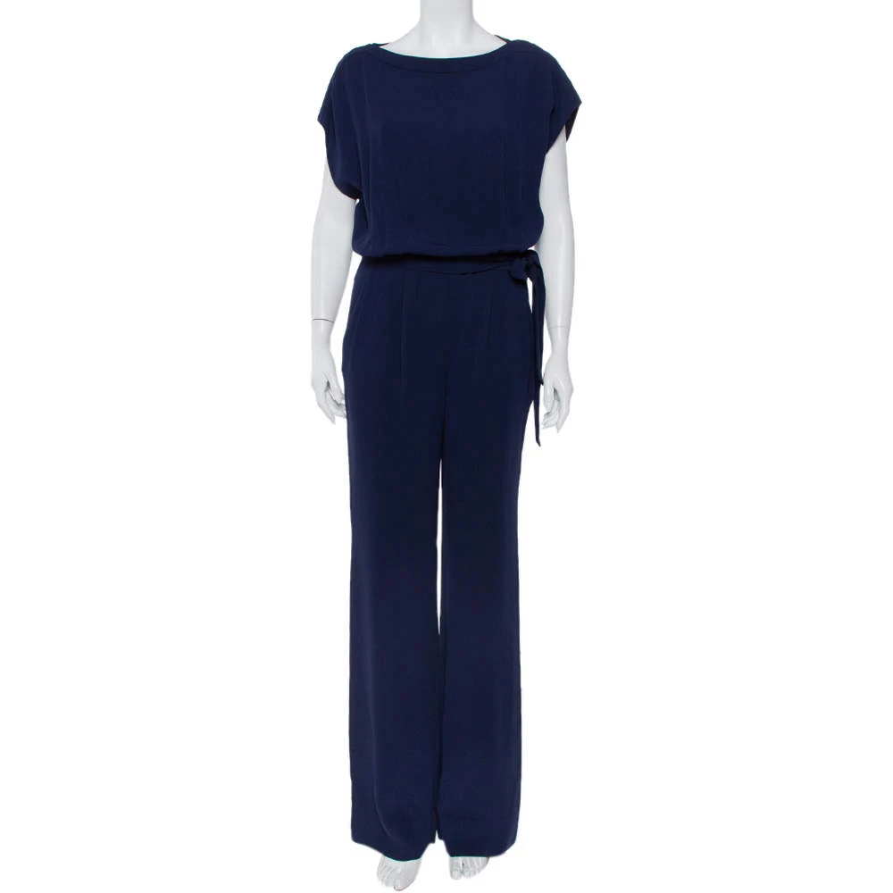 Diane Von Furstenberg Navy Blue Crepe Boat Neck Belted Sandra Jumpsuit M For Women 1 Diane Von Furstenberg Navy Blue Crepe Boat Neck Belted Sandra Jumpsuit M For Women