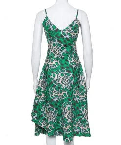 Diane Von Furstenberg Green Animal Printed Silk Asymmetric Hem Midi Dress M For Women -Diane Von Furstenberg shop luxury women diane von furstenberg used clothes p406482 002