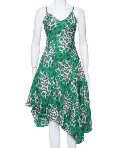 Diane Von Furstenberg Green Animal Printed Silk Asymmetric Hem Midi Dress M For Women