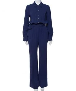 Diane Von Furstenberg Navy Blue Crepe Belted Lori Jumpsuit M For Women