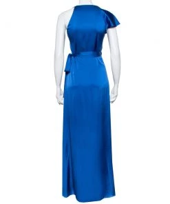 Diane Von Furstenberg Royal Blue Satin Ruffled Wrap Long Dress S For Women -Diane Von Furstenberg shop luxury women diane von furstenberg used clothes p417308 001