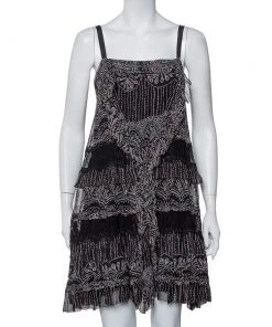 Diane Von Furstenberg Black Printed Silk Lace Trim Detail Tiered Taleen Mini Dress M For Women