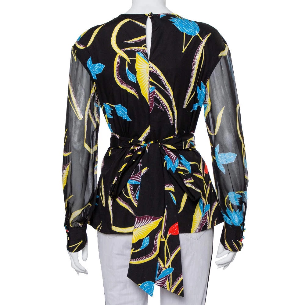 Diane Von Furstenberg Black Printed Cotton & Silk Waist Tie Detail Top M For Women 3 Diane Von Furstenberg Black Printed Cotton & Silk Waist Tie Detail Top M For Women - Image 3