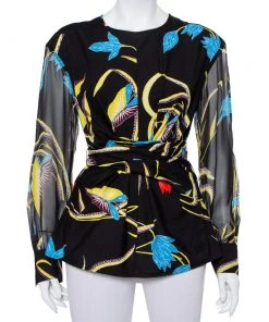 Diane Von Furstenberg Black Printed Cotton & Silk Waist Tie Detail Top M For Women