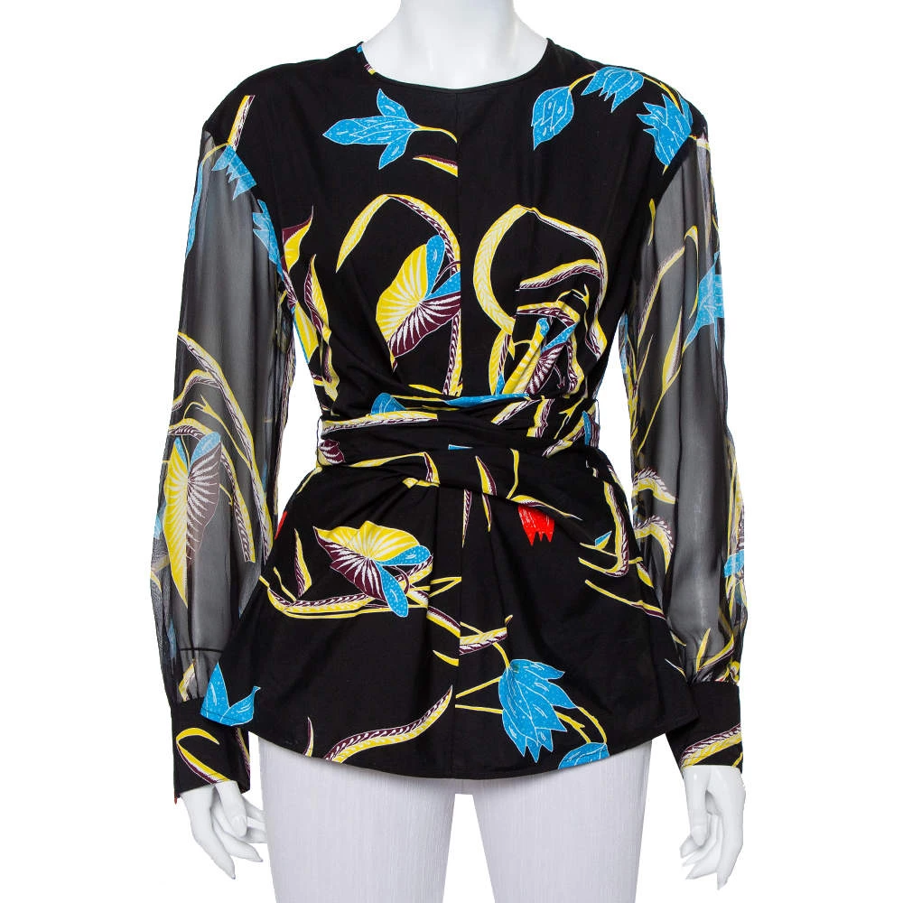 Diane Von Furstenberg Black Printed Cotton & Silk Waist Tie Detail Top M For Women 1 Diane Von Furstenberg Black Printed Cotton & Silk Waist Tie Detail Top M For Women