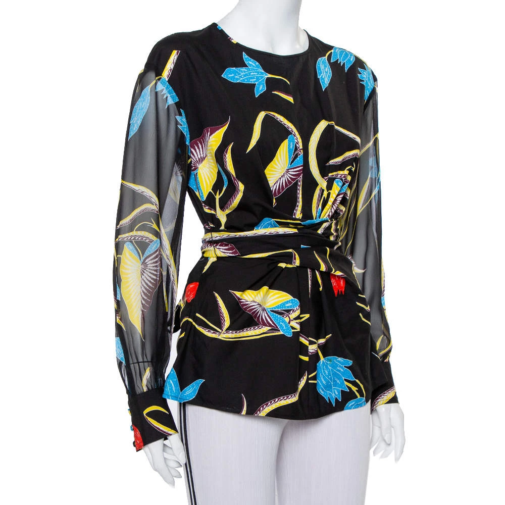 Diane Von Furstenberg Black Printed Cotton & Silk Waist Tie Detail Top M For Women 2 Diane Von Furstenberg Black Printed Cotton & Silk Waist Tie Detail Top M For Women - Image 2
