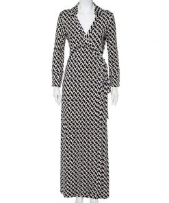 Diane Von Furstenberg shop 26 Diane Von Furstenberg Monochrome Silk Abigail Maxi Wrap Dress XL For Women