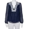 Diane Von Furstenberg Navy Blue Silk Embroidered Plunge Neck Maslyn Top S For Women