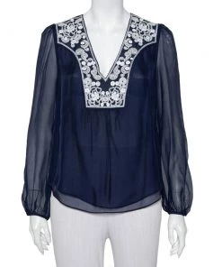 Diane Von Furstenberg Navy Blue Silk Embroidered Plunge Neck Maslyn Top S For Women