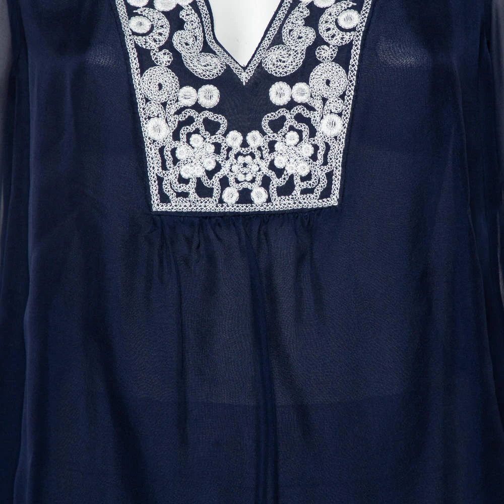 Diane Von Furstenberg Navy Blue Silk Embroidered Plunge Neck Maslyn Top S For Women 4 Diane Von Furstenberg Navy Blue Silk Embroidered Plunge Neck Maslyn Top S For Women - Image 4