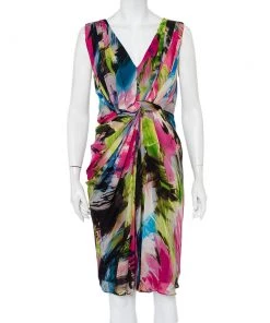 Diane Von Furstenberg Multicolor Silk Draped Sleeveless Weslie Dress M For Women