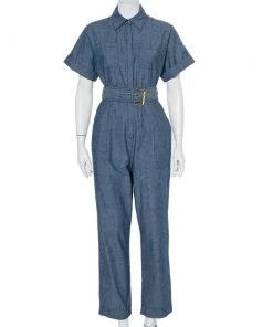 Diane Von Furstenberg Blue Cotton Button Front Belted Jumpsuit S For Women