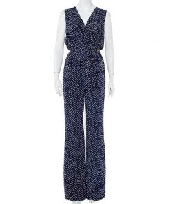 Diane Von Furstenberg Navy Blue And White Dotted Silk Belted Eva Jumpsuit M For Women